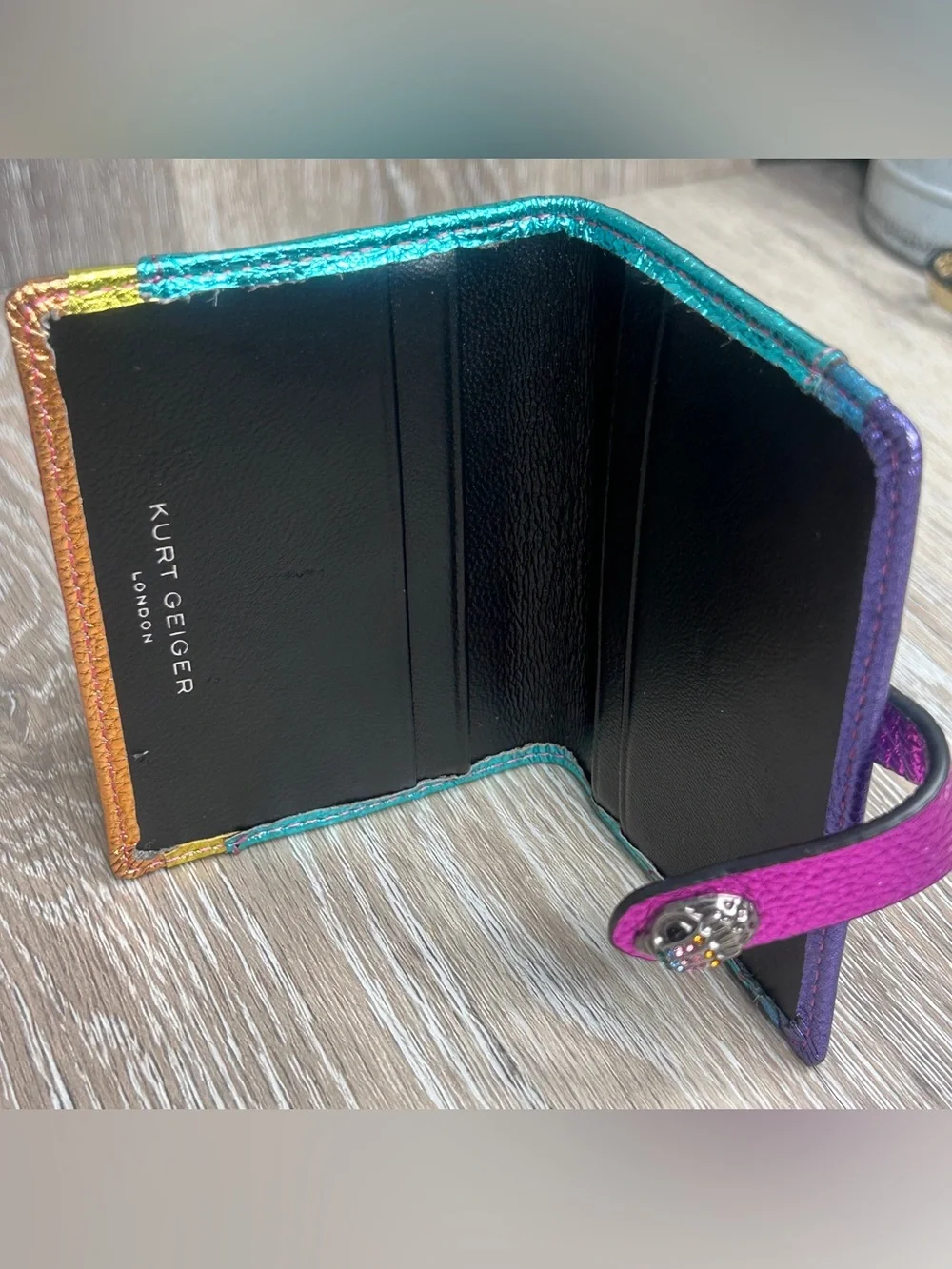 Kurt Geiger Metallic Rainbow Leather Pouch & Wallet Set - Teal, Purple, Gold